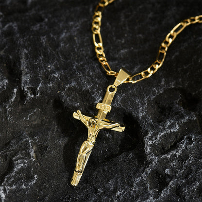 ✨✝️ Gold Crucifix Necklace – Detailed INRI Motif, Adjustable Figaro Chain & Hypoallergenic Finish 💛