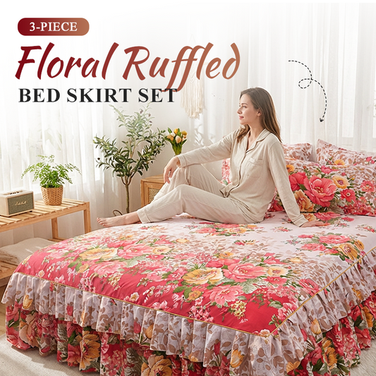 3-Piece Floral Ruffled Bed Skirt Set